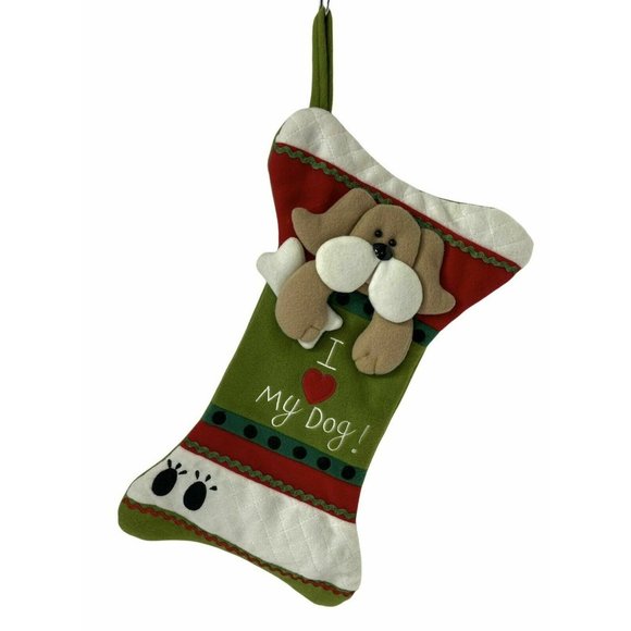 Plush Dog Christmas Stocking 16" X 10" Ivory, Red & Green Bone Shape - Picture 1 of 5